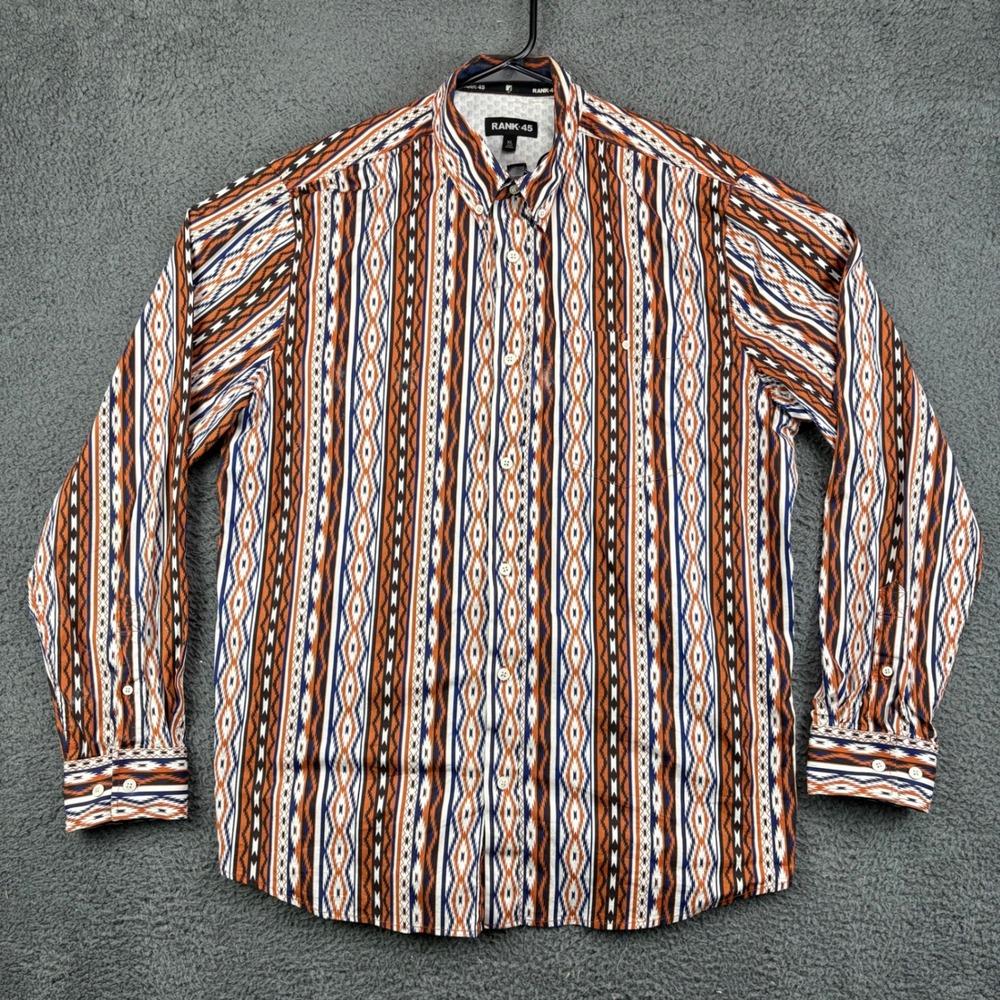 Rank 45 Mens XL Southwestern Aztec Print Button Down Shirt Brown‎ Blue White